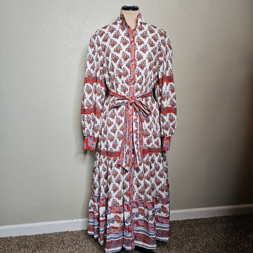 Love Wednesday Savanna BlockPrint Midi Dress Orange Ivory Blue Medium cotton - Picture 3 of 13